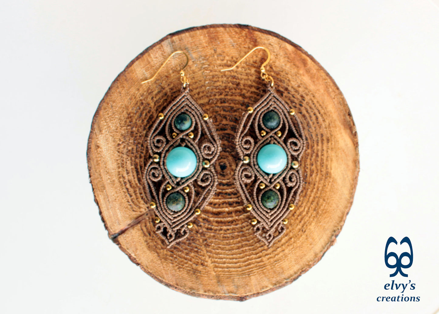 Rusty Gold Macrame Earrings with Turquoise Gemstones