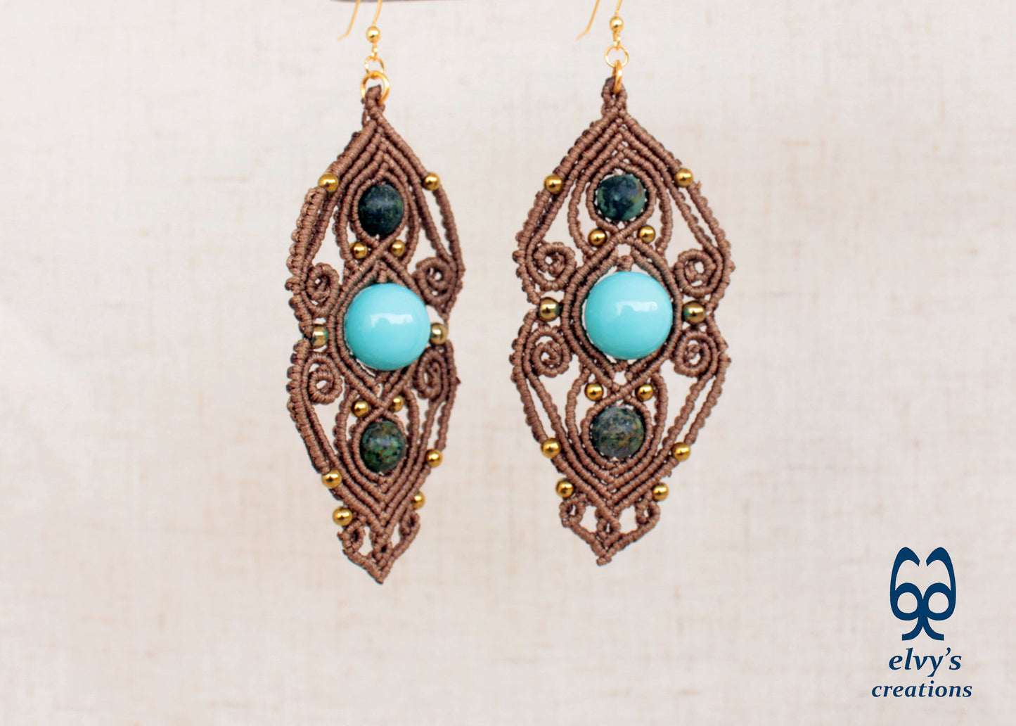 Rusty Gold Macrame Earrings with Turquoise Gemstones