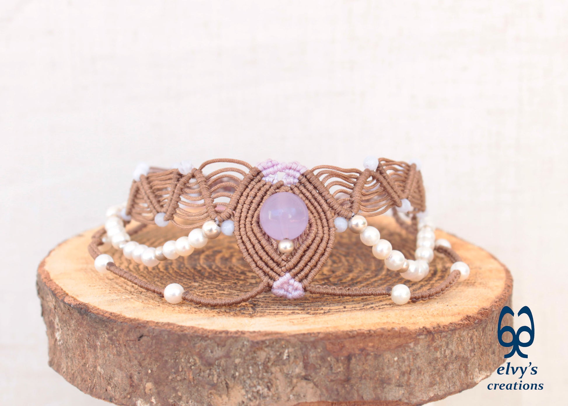 Handmade Brown Macrame Choker Necklace with Chalcedony and Pearls Adjustable Lace Necklace