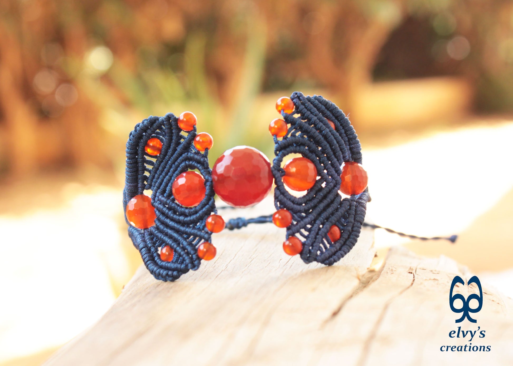 Dark Blue Macrame Adjustable Cuff Bracelet with Orange Carnelian Gemstones