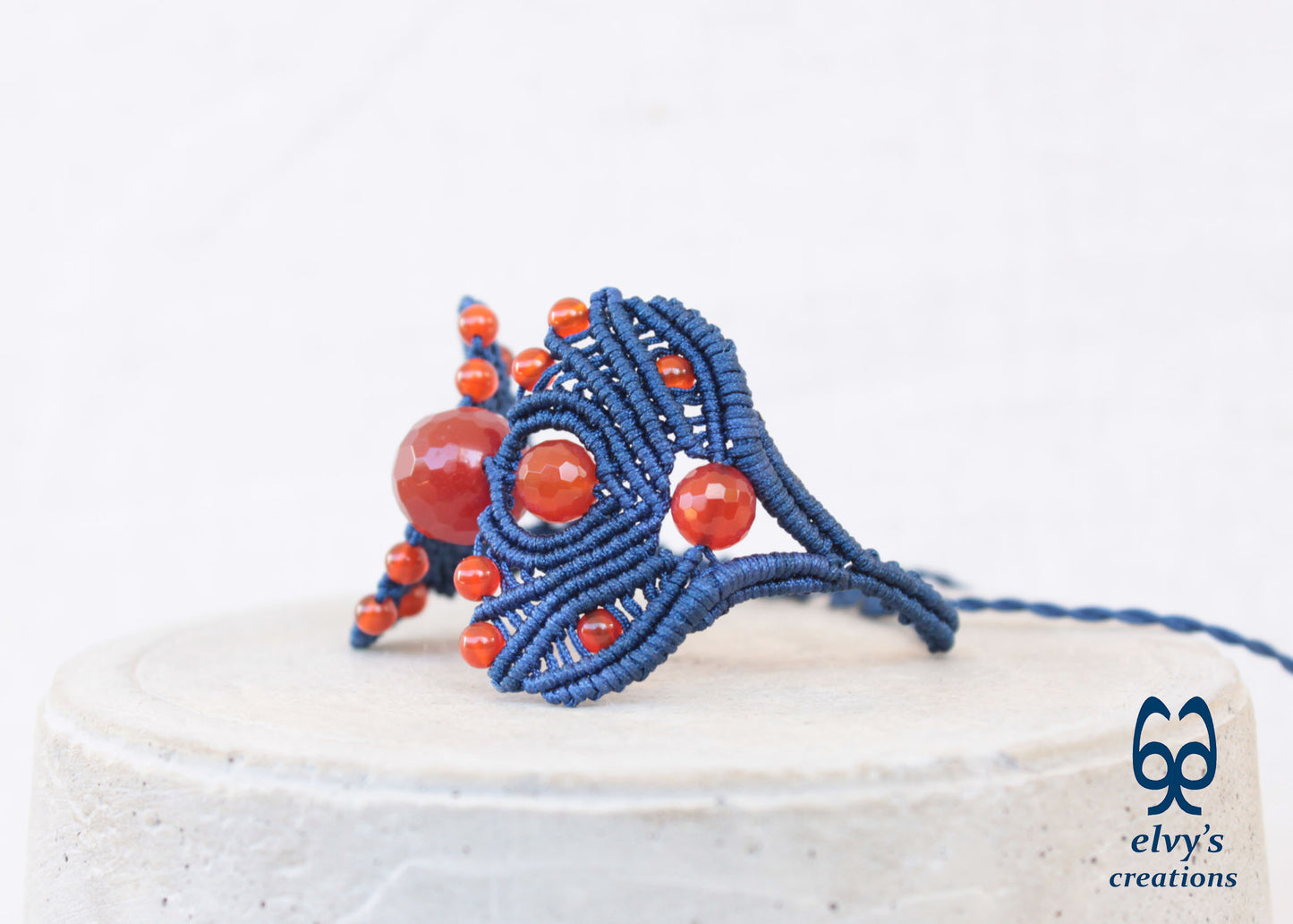 Dark Blue Macrame Adjustable Cuff Bracelet with Orange Carnelian Gemstones