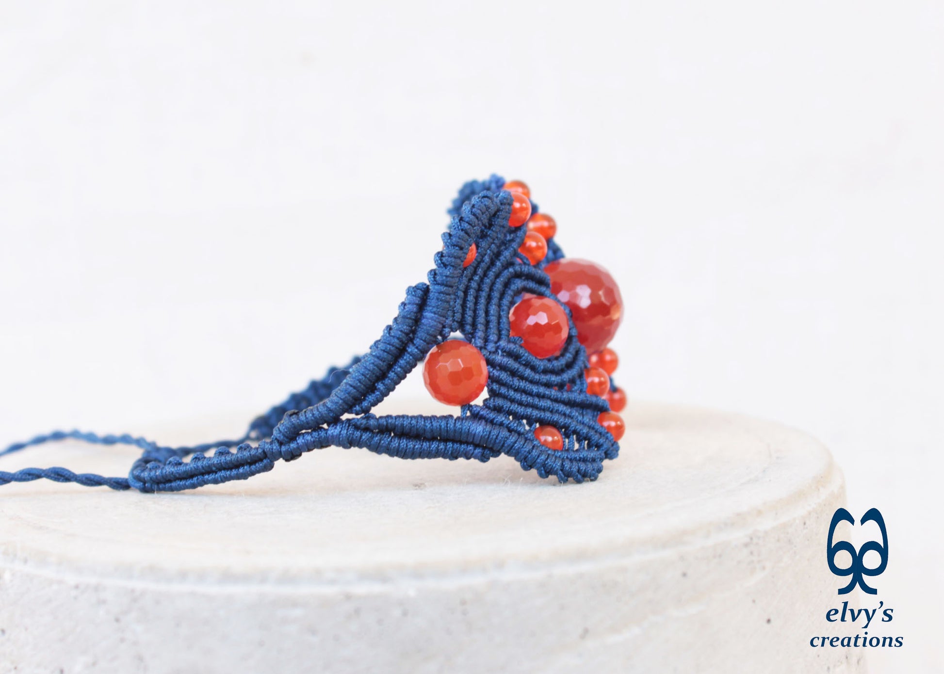 Dark Blue Macrame Adjustable Cuff Bracelet with Orange Carnelian Gemstones