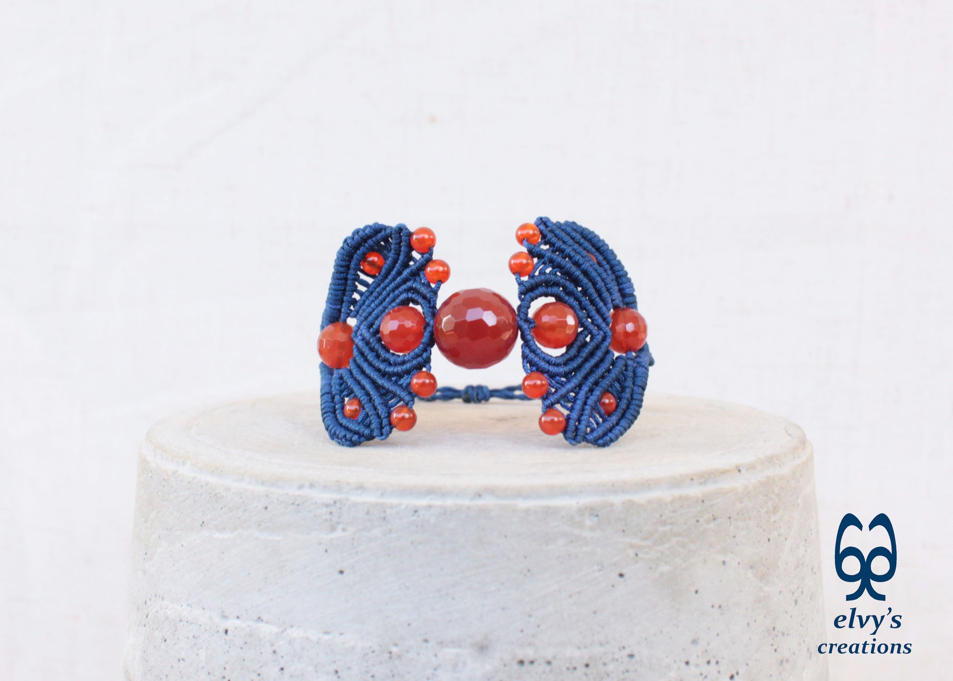 Dark Blue Macrame Adjustable Cuff Bracelet with Orange Carnelian Gemstones