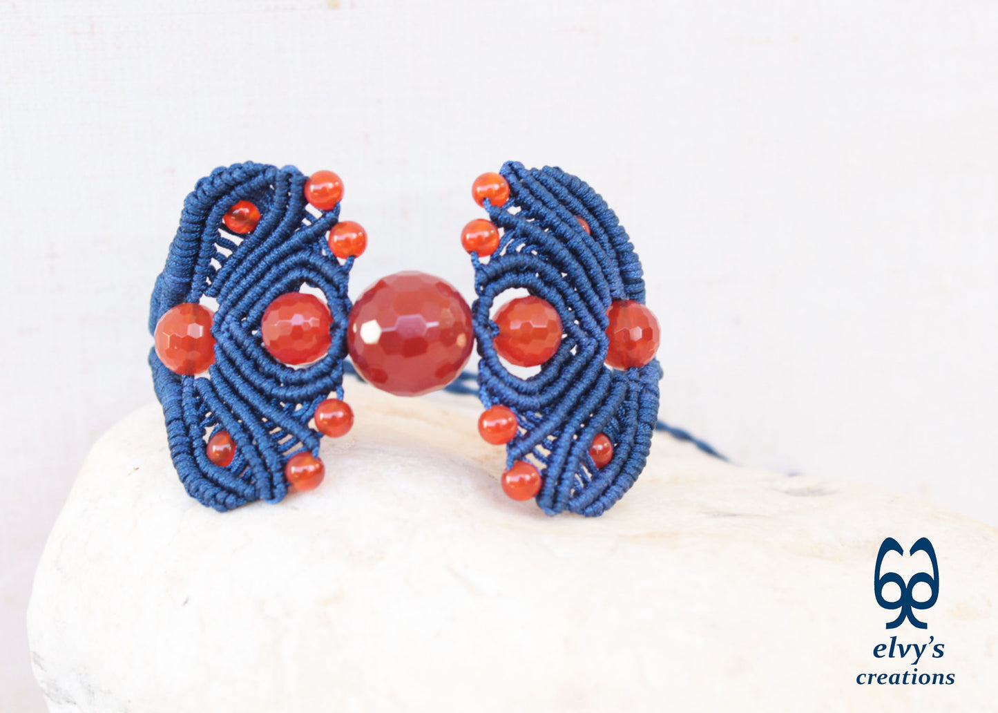 Dark Blue Macrame Adjustable Cuff Bracelet with Orange Carnelian Gemstones