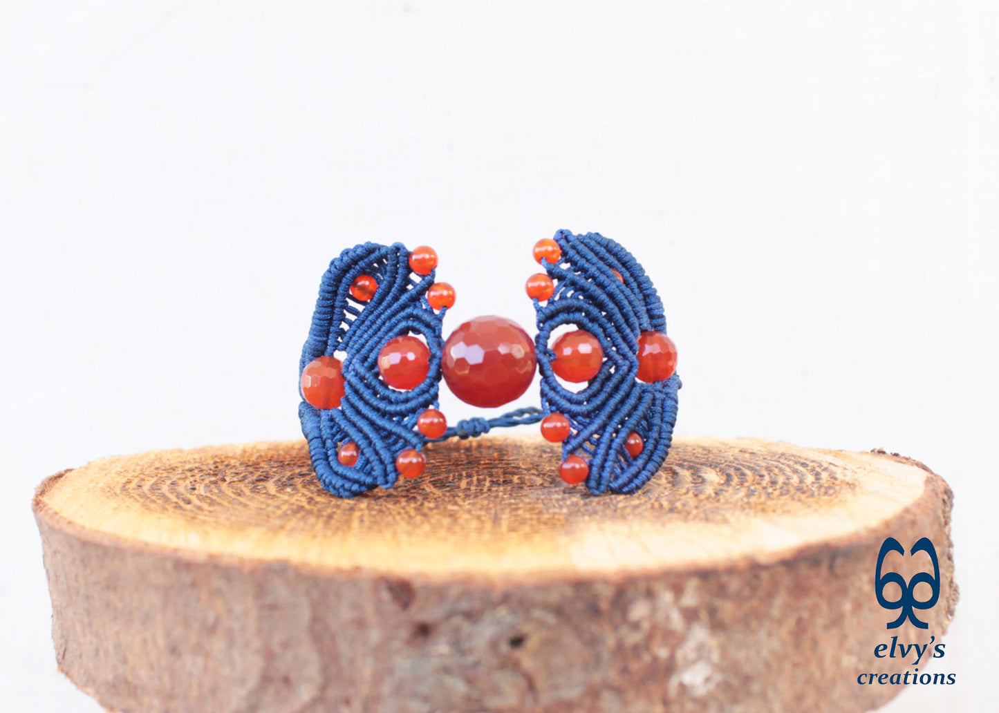 Dark Blue Macrame Adjustable Cuff Bracelet with Orange Carnelian Gemstones