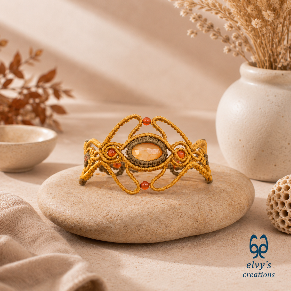 Gold Handmade Macrame Bracelet with Orange Carnelian Gemstones