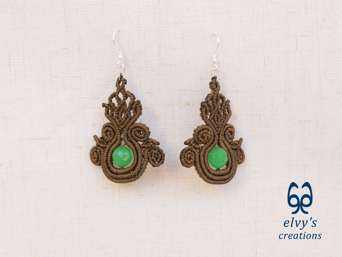 Gold Macrame Earrings with Green Jade Gemstones