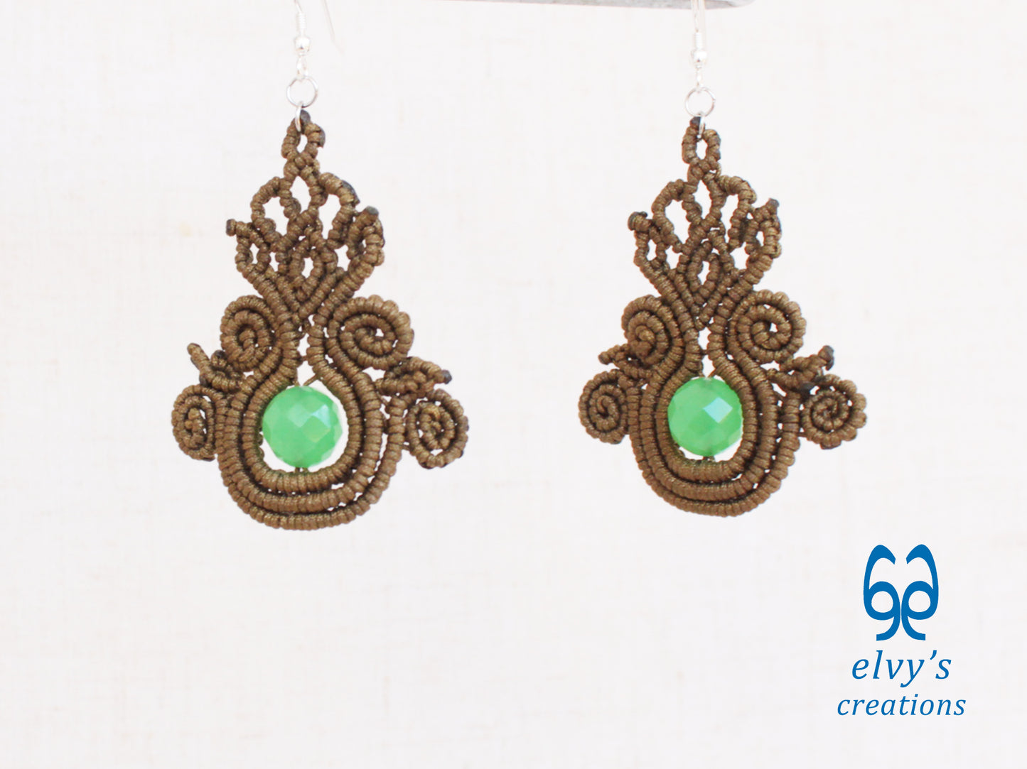 Gold Macrame Earrings with Green Jade Gemstones