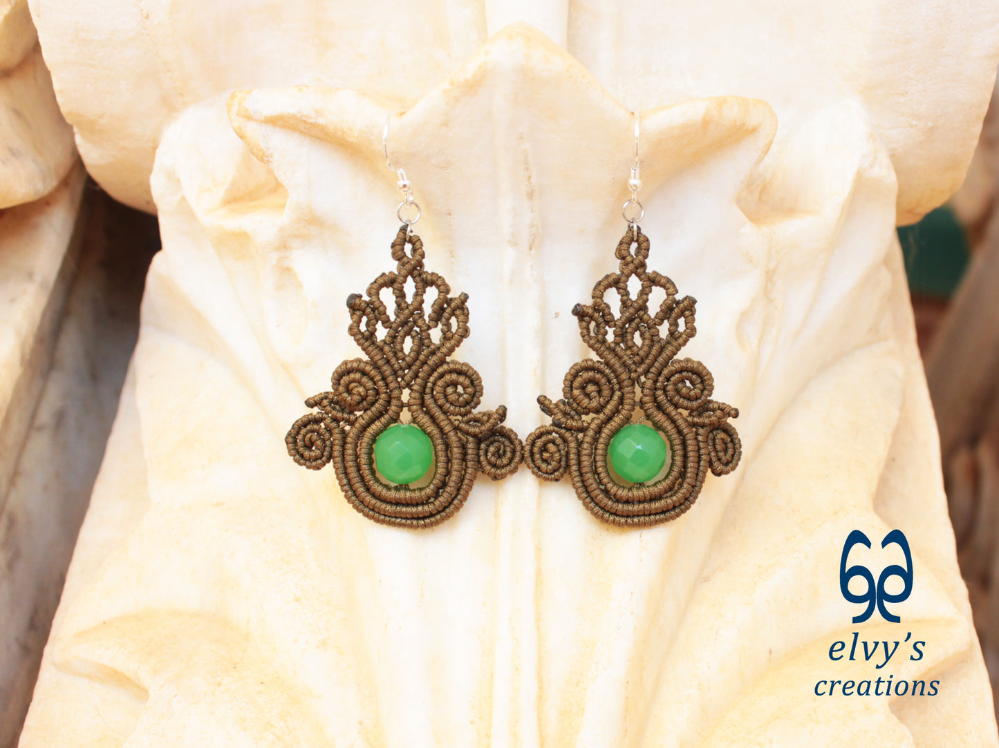 Gold Macrame Earrings with Green Jade Gemstones