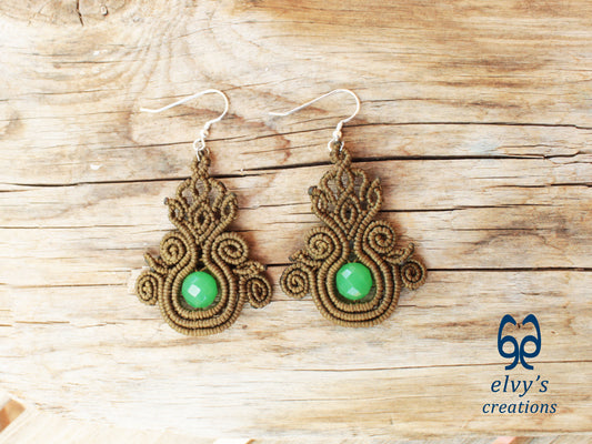 Gold Macrame Earrings with Green Jade Gemstones