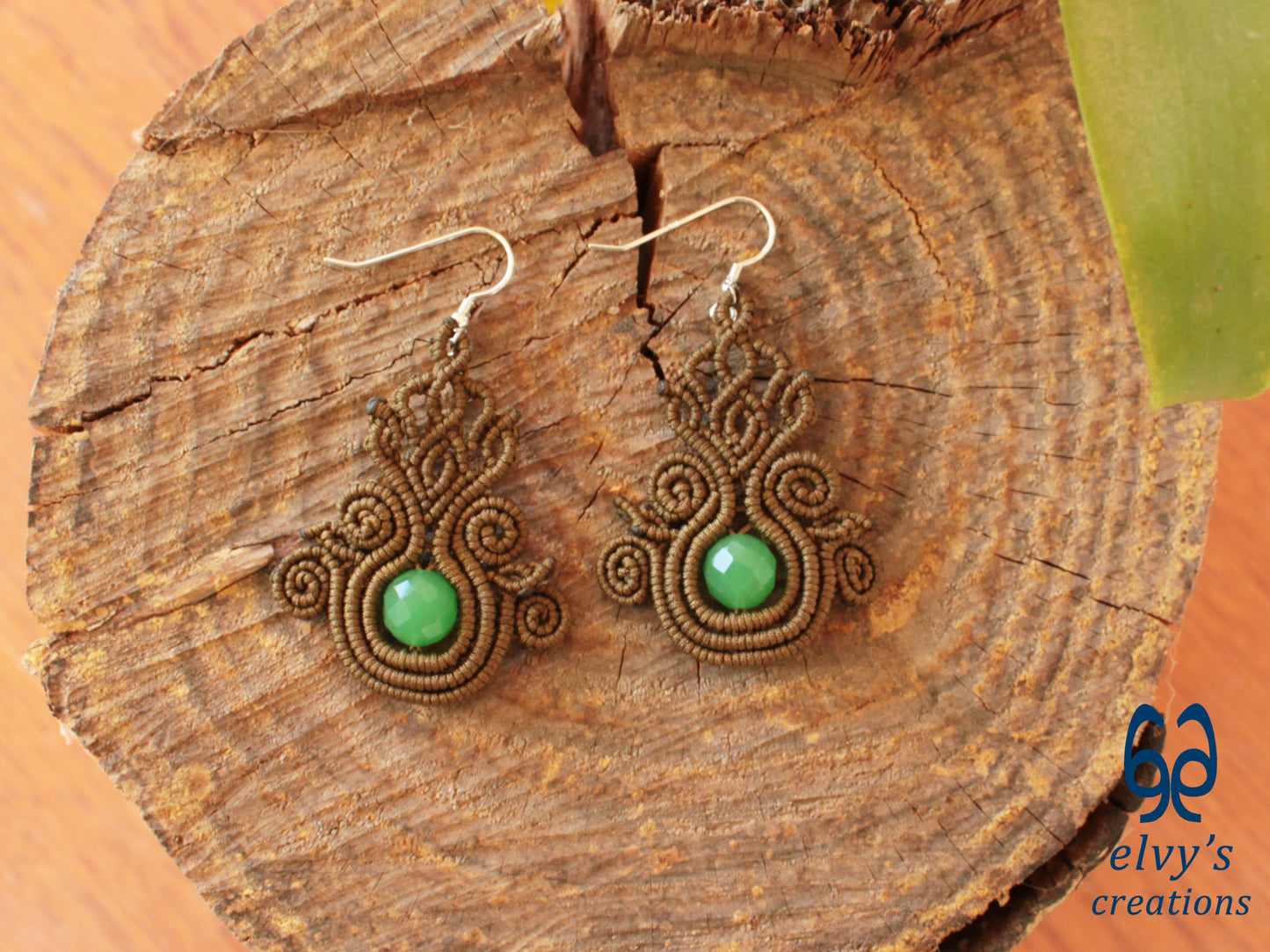 Gold Macrame Earrings with Green Jade Gemstones