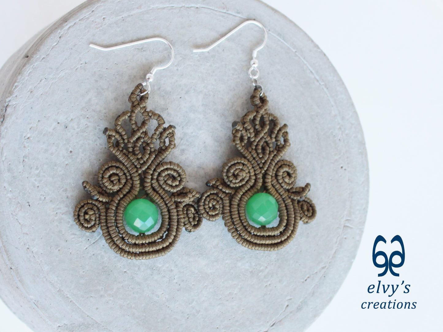 Gold Macrame Earrings with Green Jade Gemstones