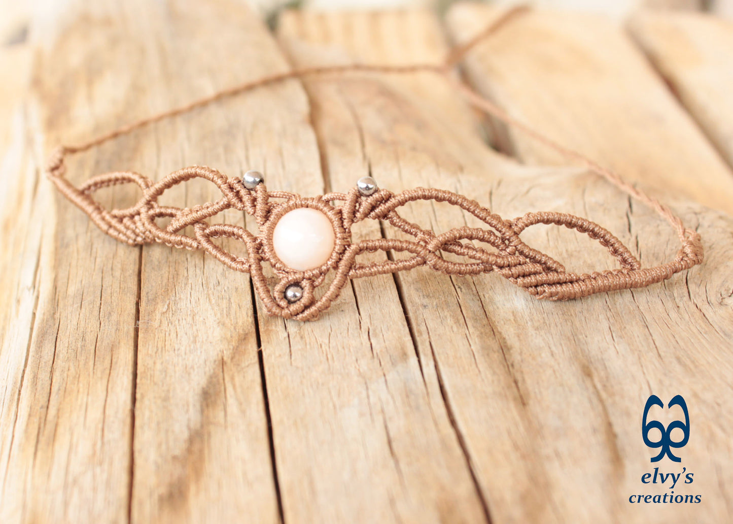 Dark Beige Macrame Necklace with Pink Quartz Gemstone Boho Choker with Silver Hematite Gemstones