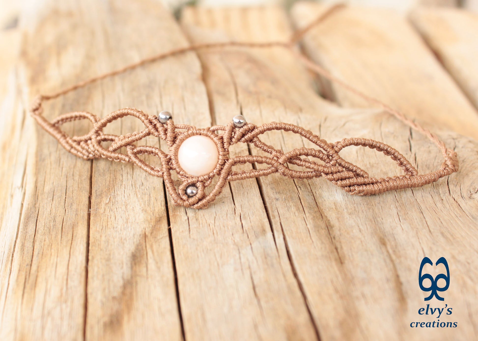 Dark Beige Macrame Necklace with Pink Quartz Gemstone Boho Choker with Silver Hematite Gemstones
