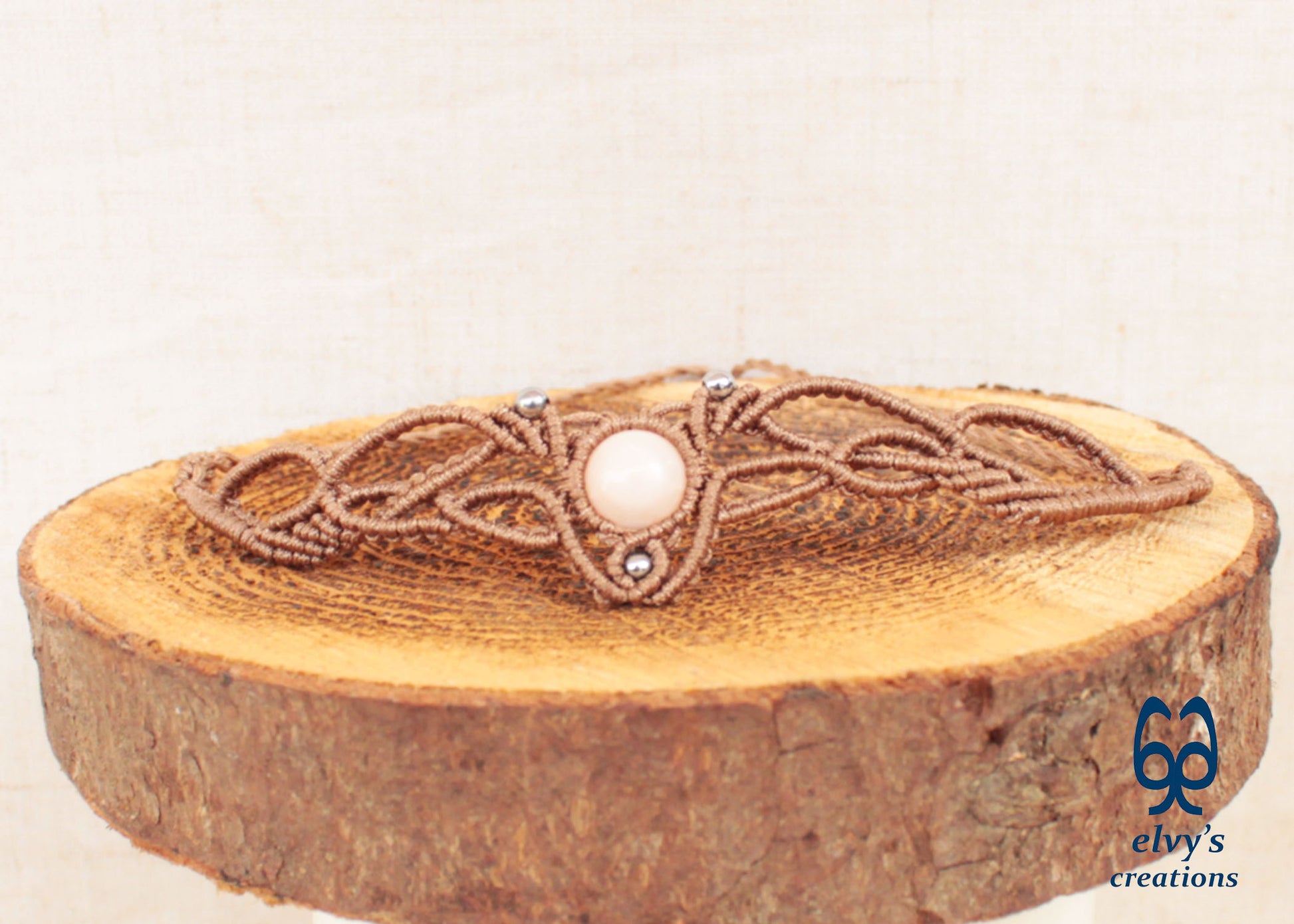 Dark Beige Macrame Necklace with Pink Quartz Gemstone Boho Choker with Silver Hematite Gemstones