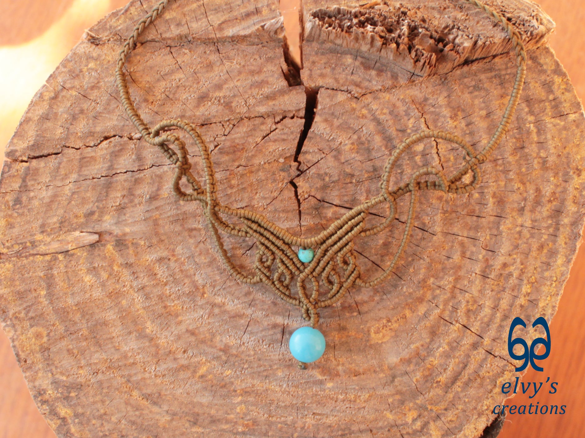 Handmade Dark Gold Macrame Necklace with Turquoise Gemstones Choker 