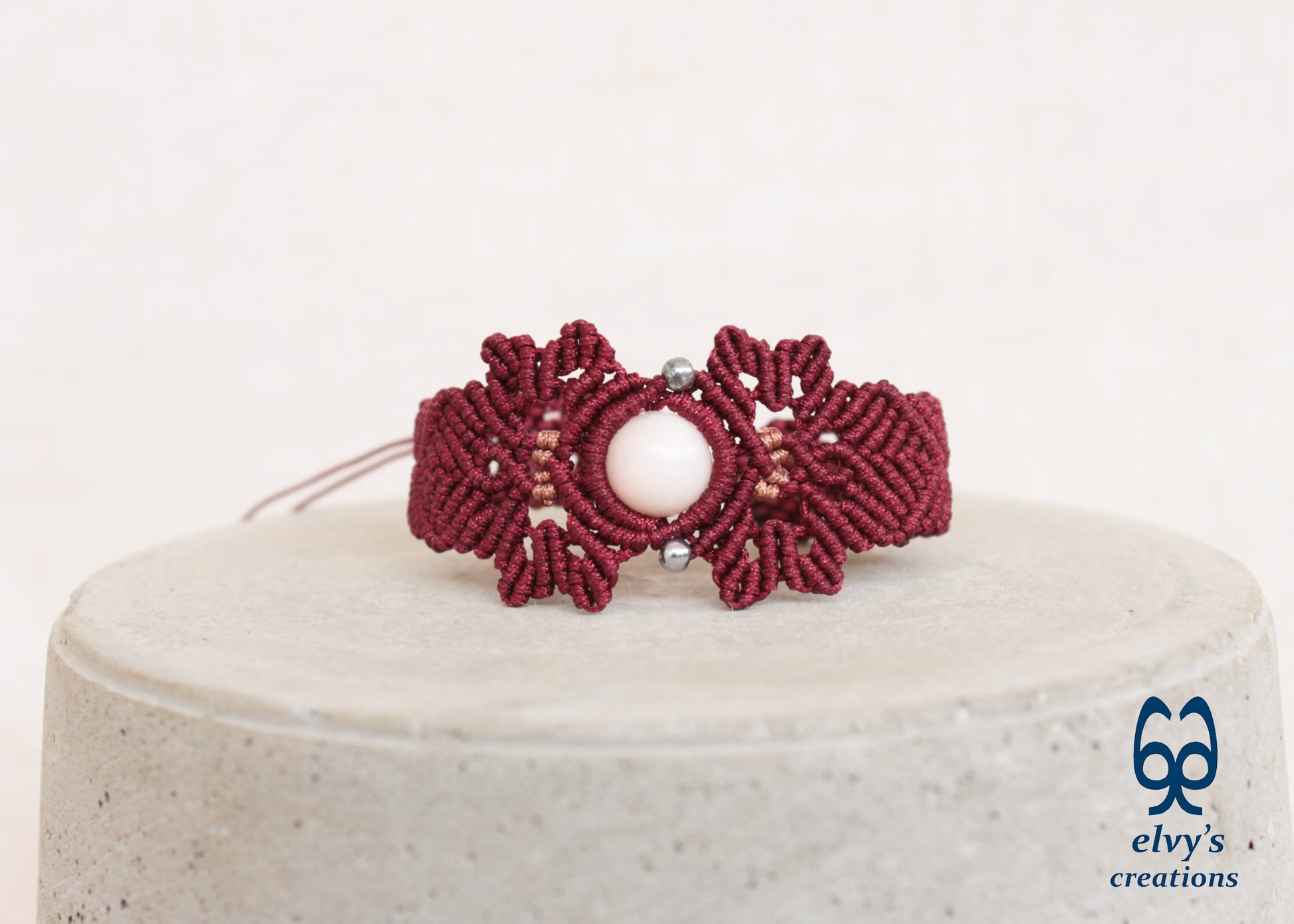 Red Macrame Bracelet with Pink Quartz Gemstone Adjustable Gemstone 