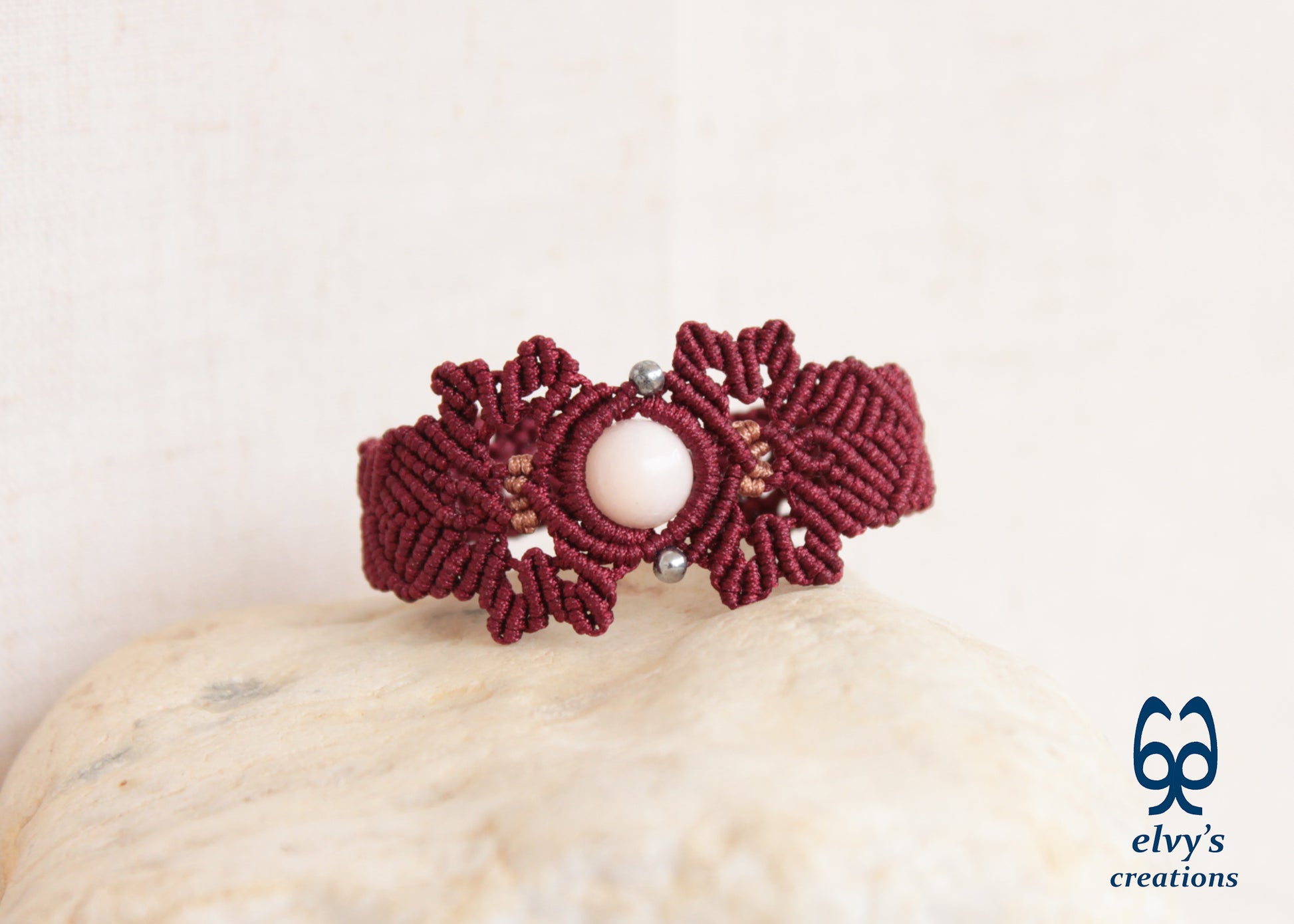 Red Macrame Bracelet with Pink Quartz Gemstone Adjustable Gemstone 