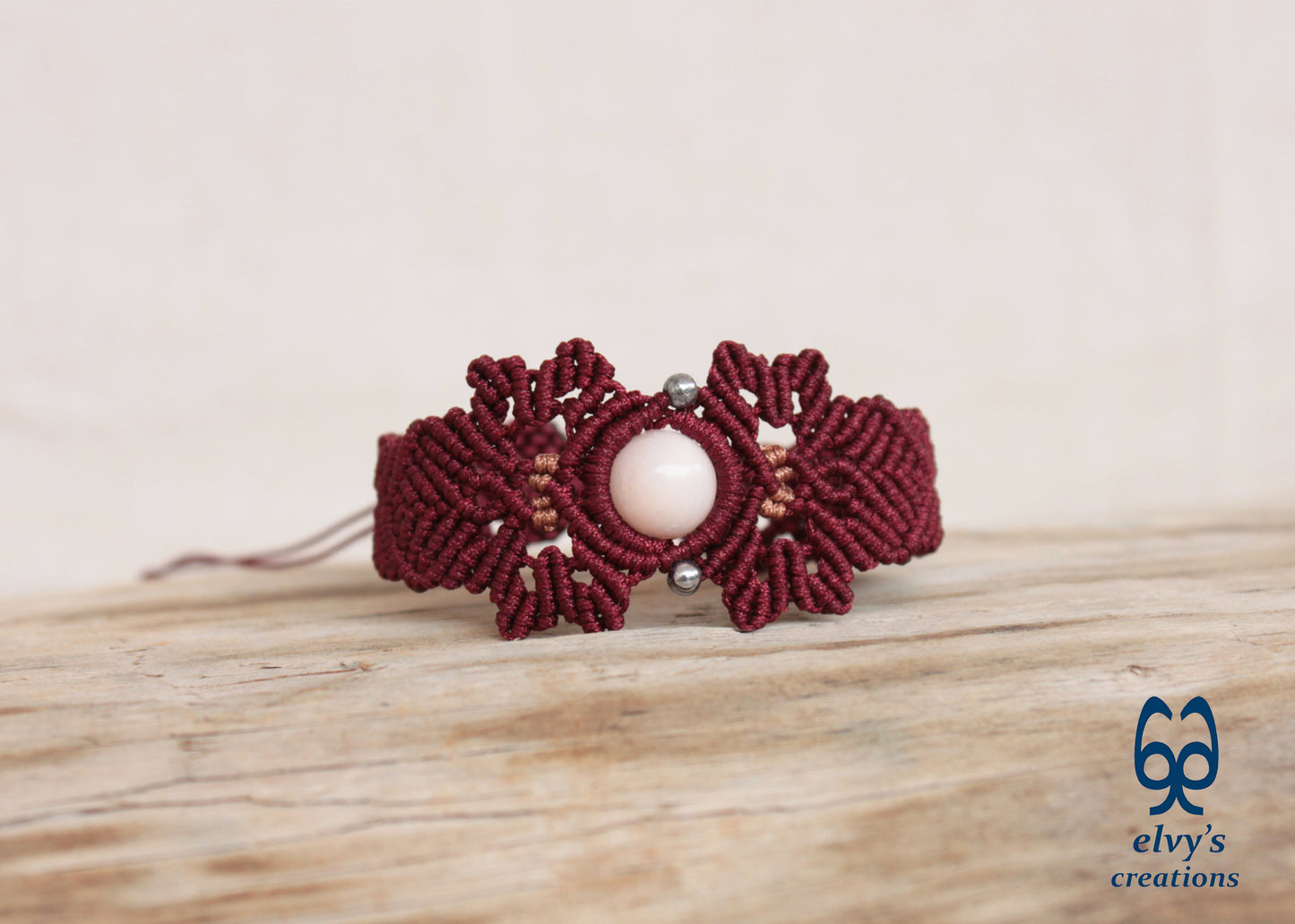 Red Macrame Bracelet with Pink Quartz Gemstone Adjustable Gemstone 