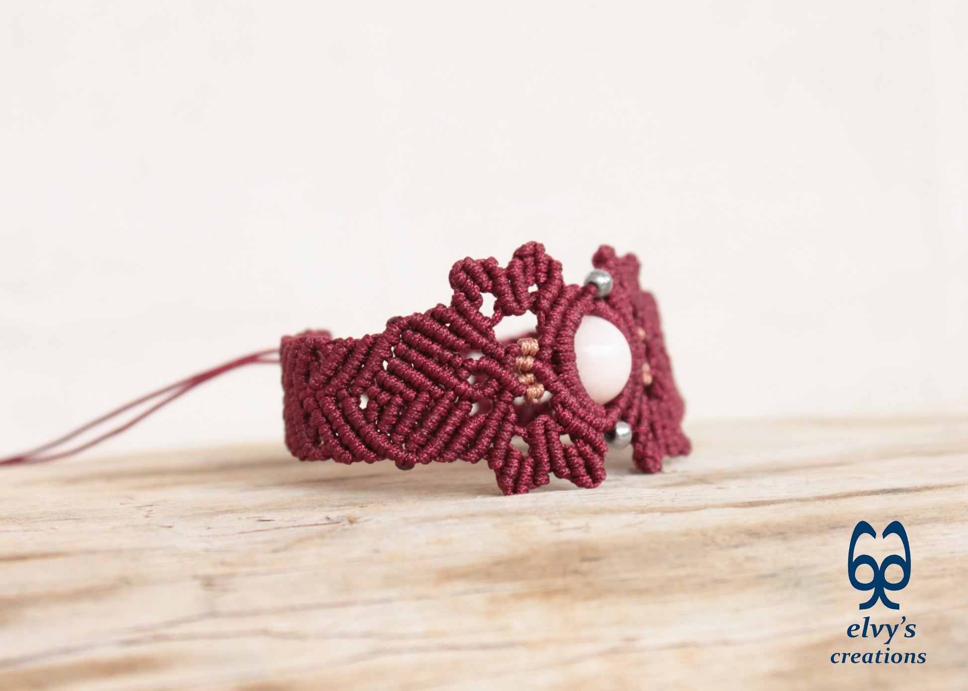 Red Macrame Bracelet with Pink Quartz Gemstone Adjustable Gemstone 