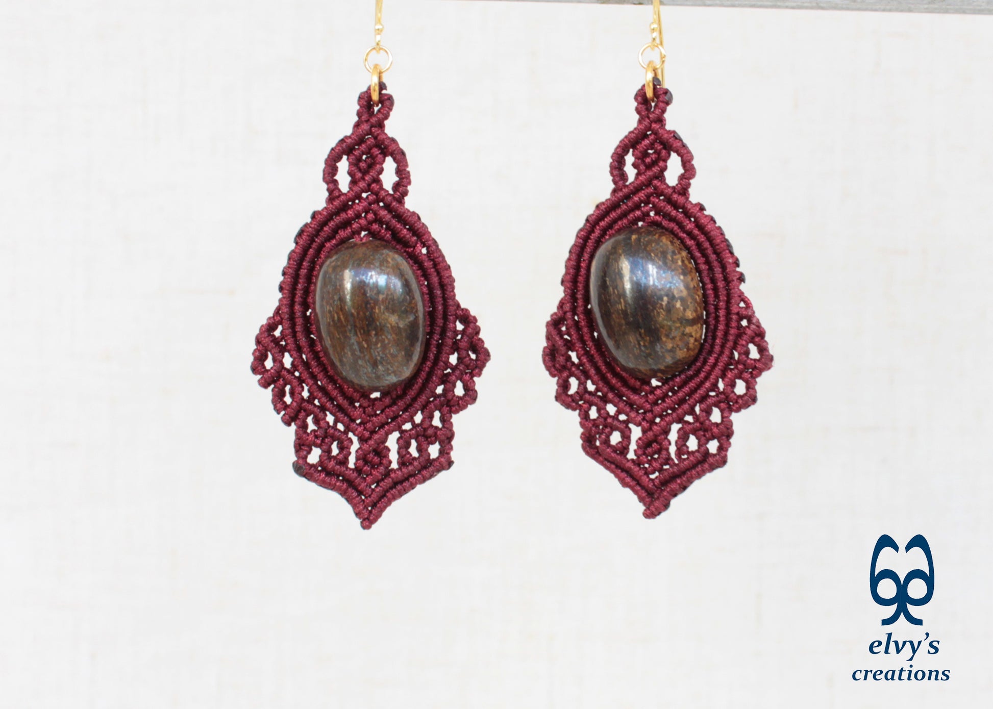 Handmade Brown Macrame Earrings Dangle with Bronzite Gemstones Silver Macrame Earrings