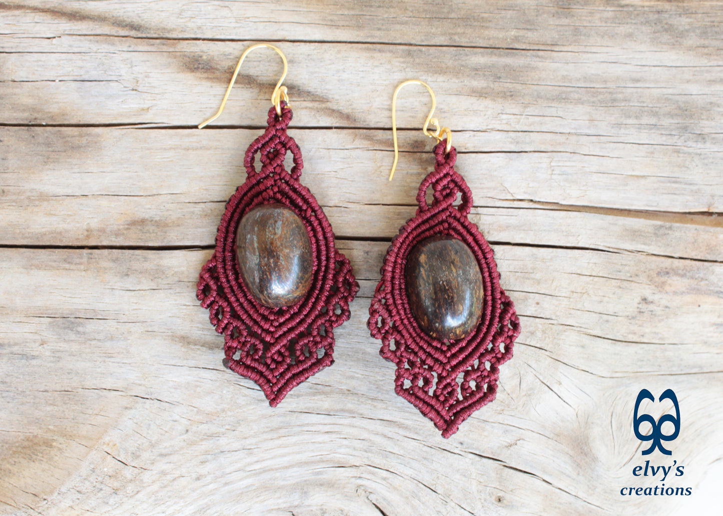 Handmade Brown Macrame Earrings Dangle with Bronzite Gemstones Silver Macrame Earrings