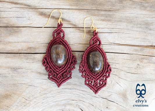 Handmade Brown Macrame Earrings Dangle with Bronzite Gemstones Silver Macrame Earrings