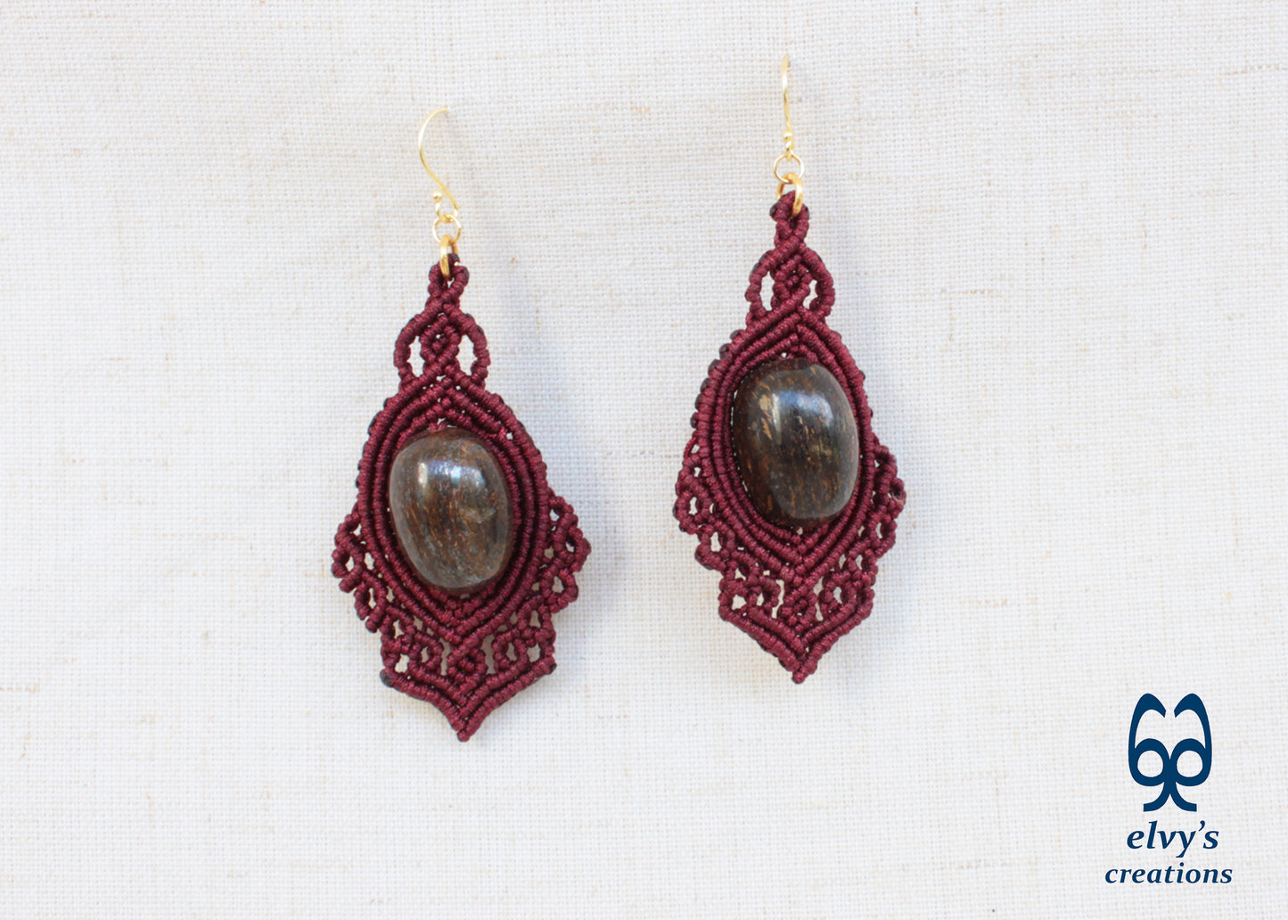 Handmade Brown Macrame Earrings Dangle with Bronzite Gemstones Silver Macrame Earrings