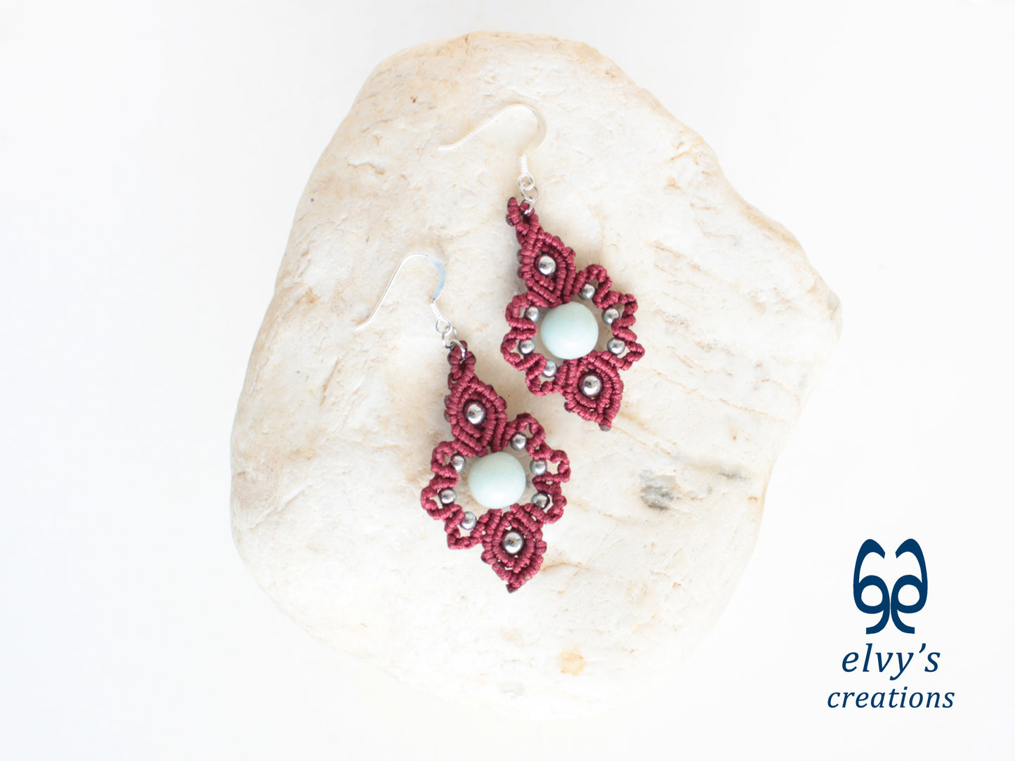 Handmade Dark Red Macrame Earrings with Silver Chalcedony Gemstones