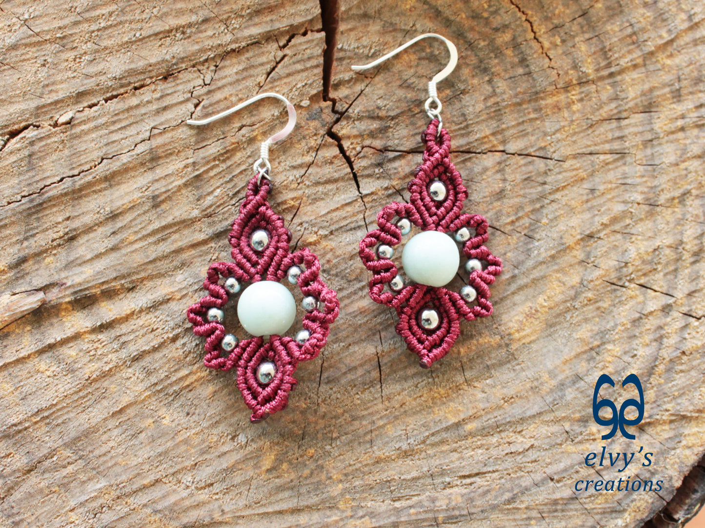 Handmade Dark Red Macrame Earrings with Silver Chalcedony Gemstones