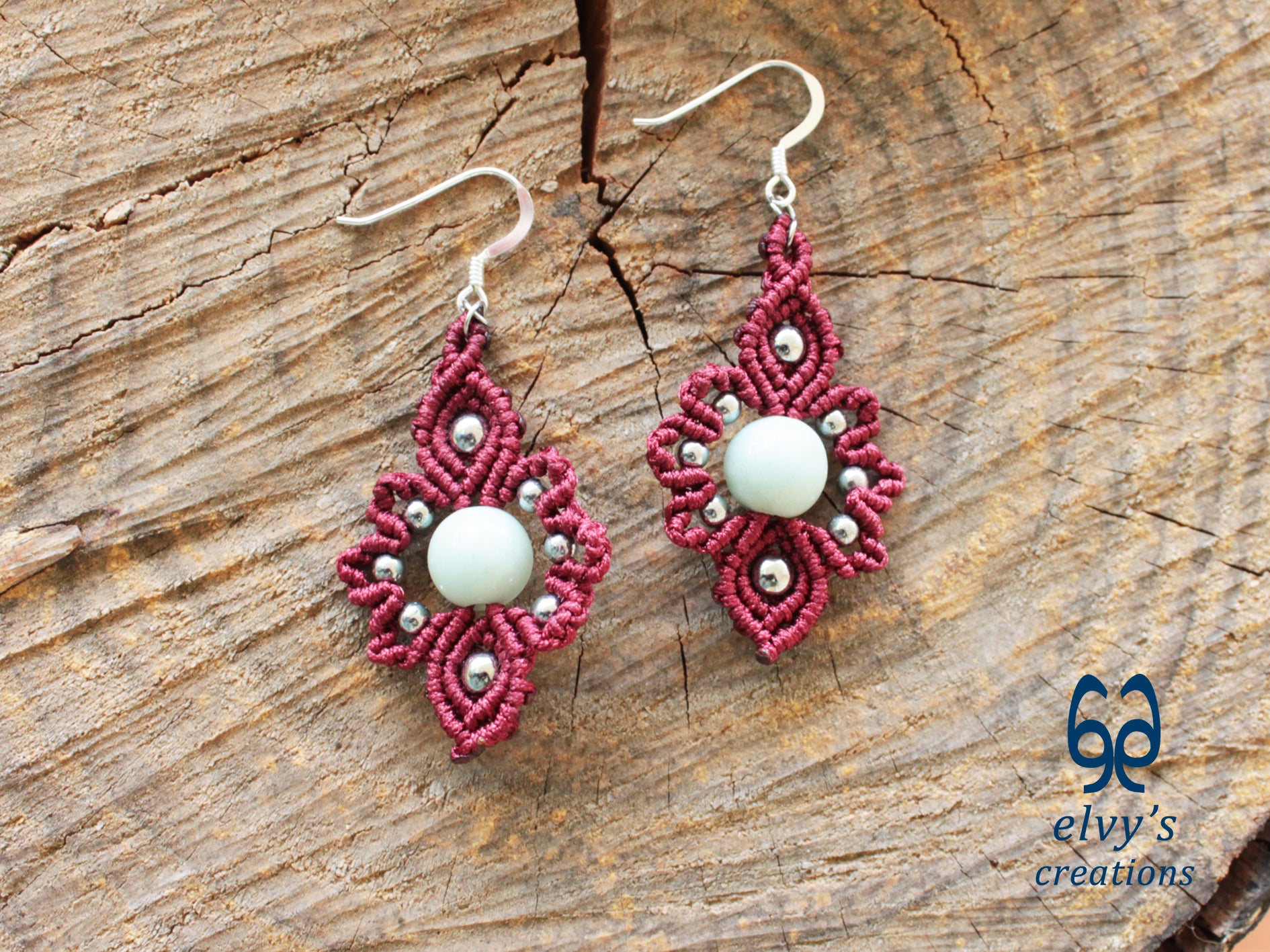 Handmade Dark Red Macrame Earrings with Silver Chalcedony Gemstones