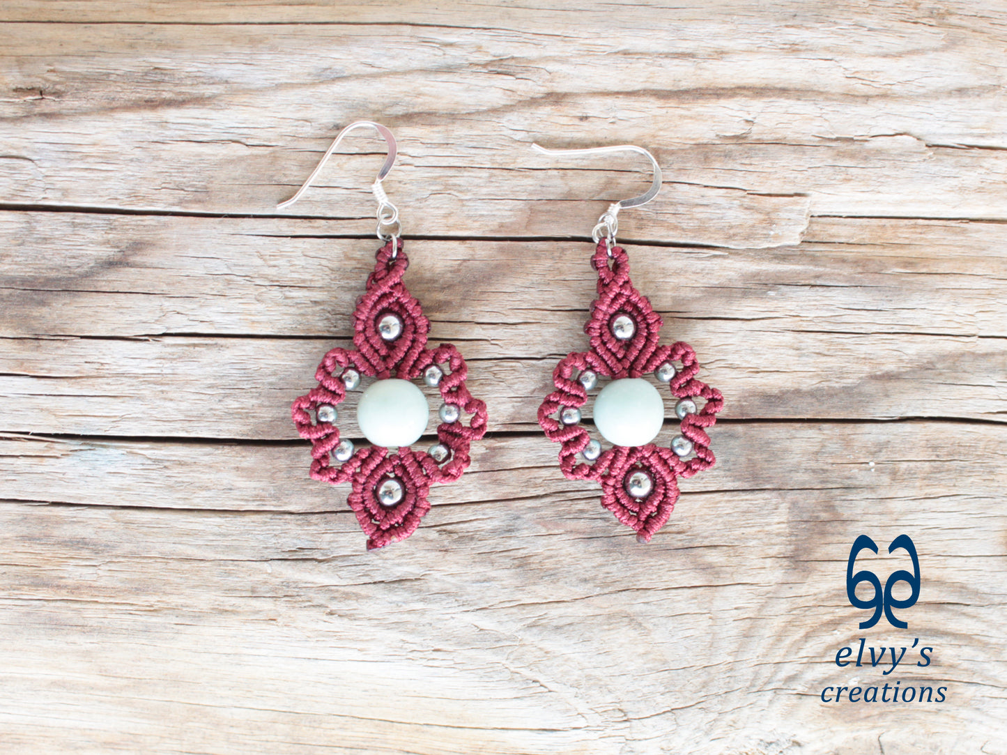 Handmade Dark Red Macrame Earrings with Silver Chalcedony Gemstones