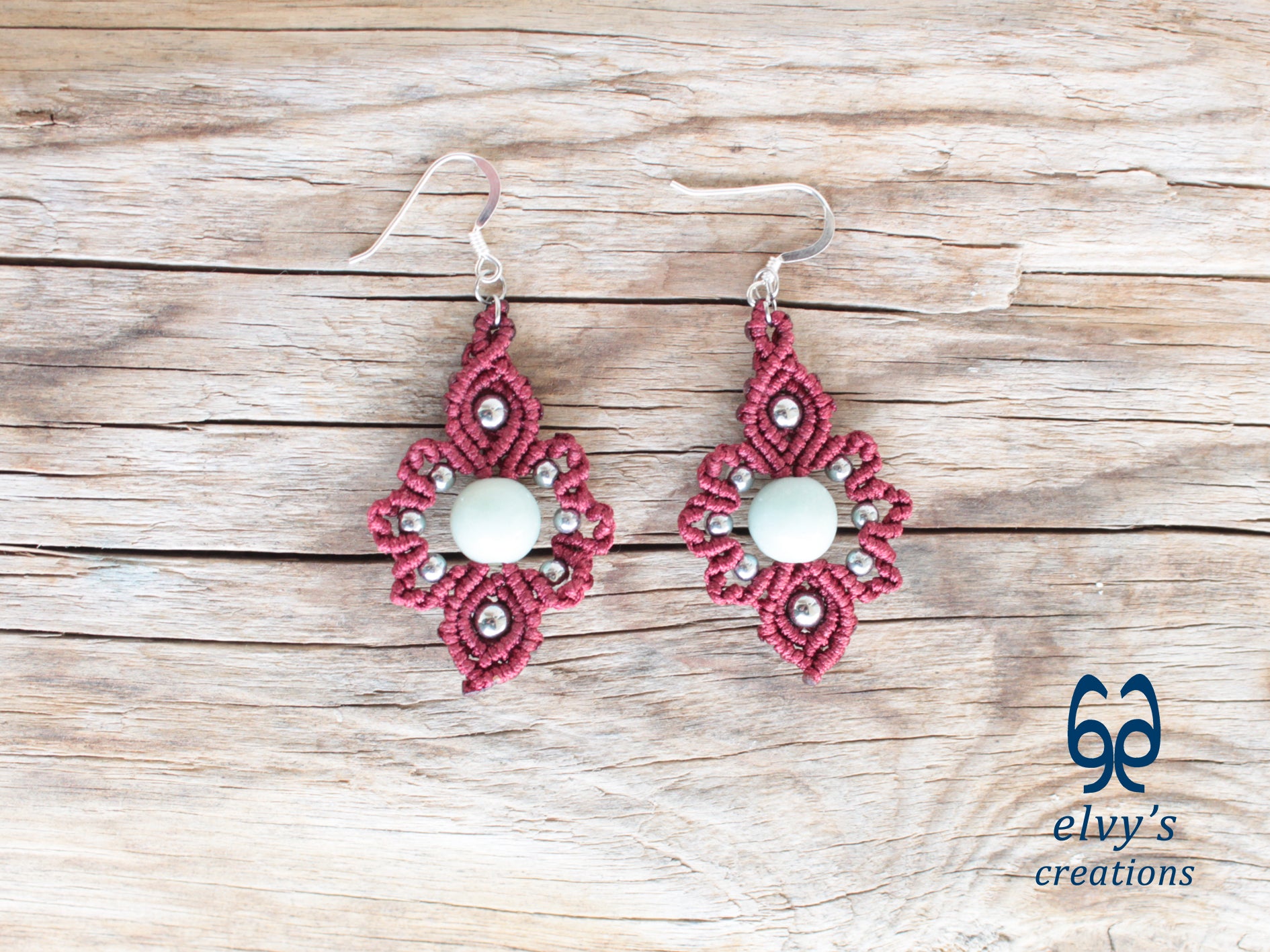 Handmade Dark Red Macrame Earrings with Silver Chalcedony Gemstones