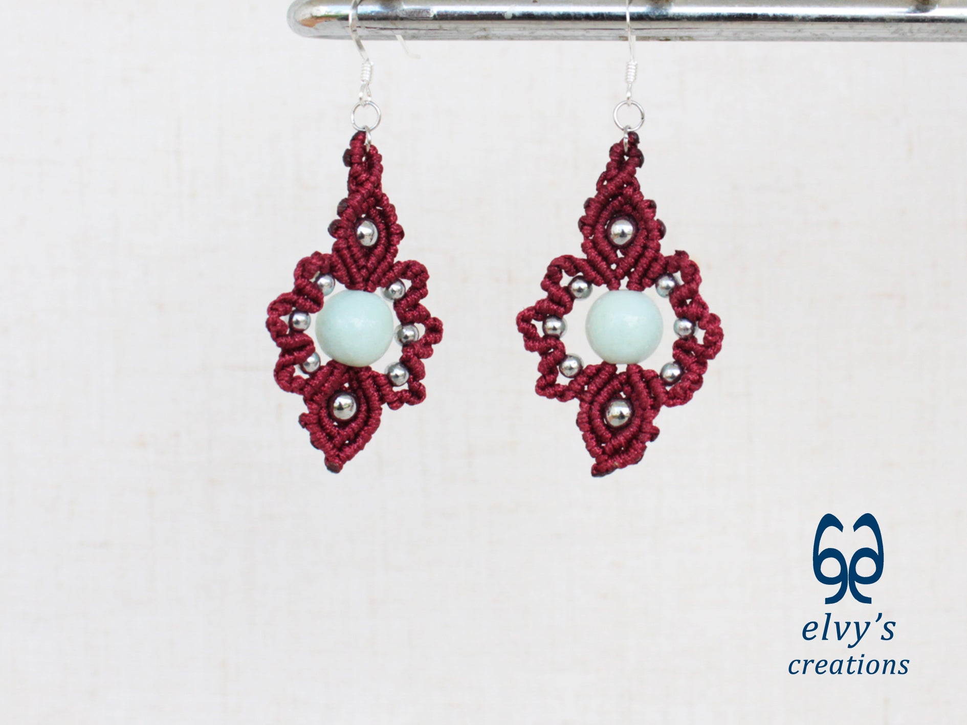 Handmade Dark Red Macrame Earrings with Silver Chalcedony Gemstones