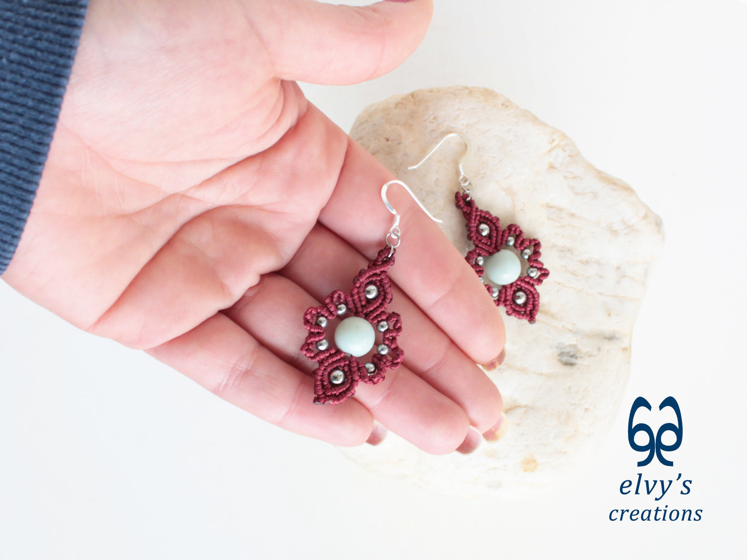 Handmade Dark Red Macrame Earrings with Silver Chalcedony Gemstones