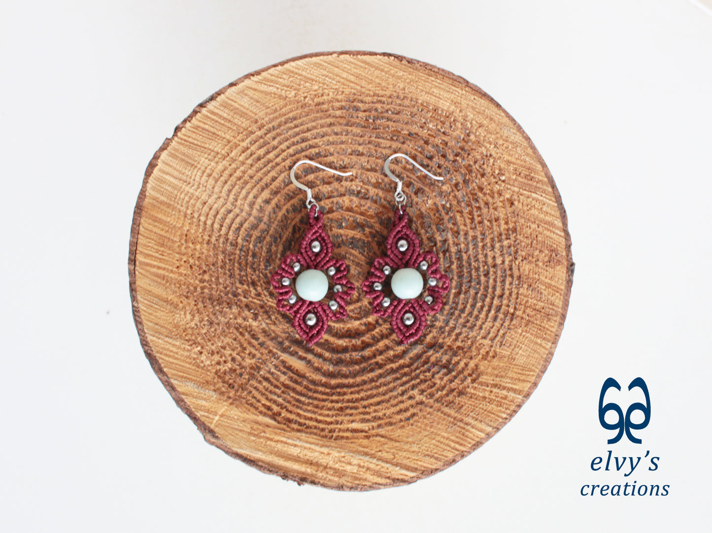Handmade Dark Red Macrame Earrings with Silver Chalcedony Gemstones