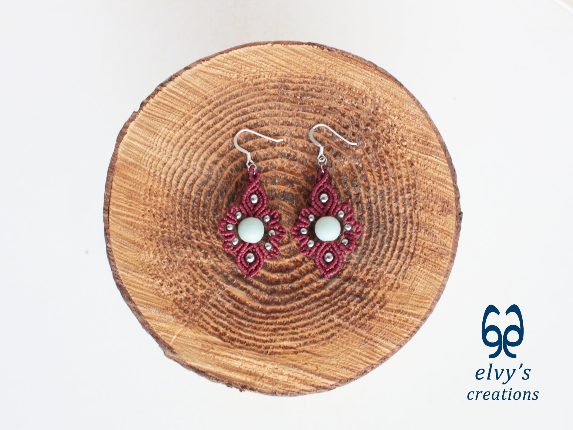 Handmade Dark Red Macrame Earrings with Silver Chalcedony Gemstones