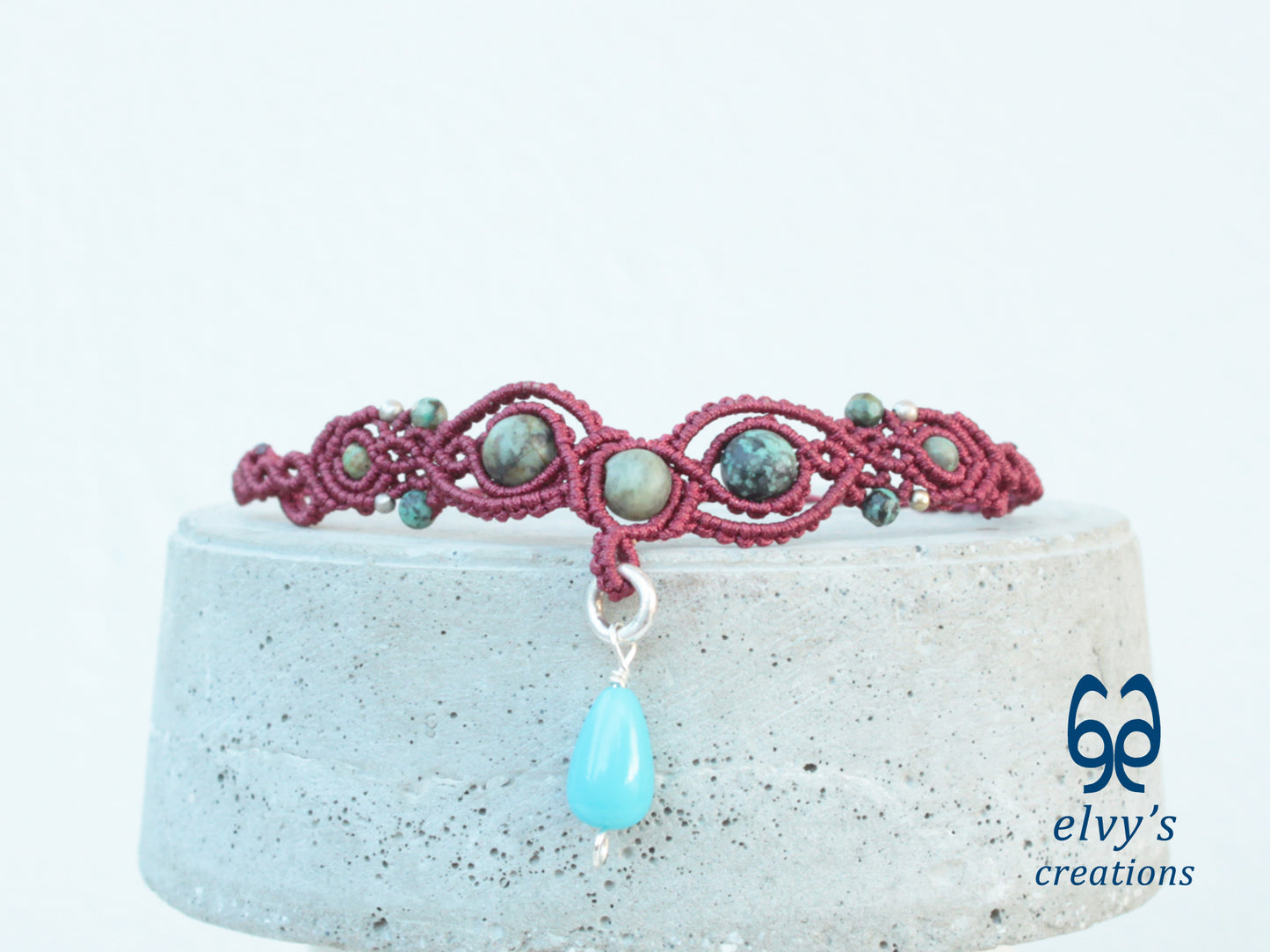 Handmade Dark Red Macrame Necklace with Turquoise Gemstones Adjustable 