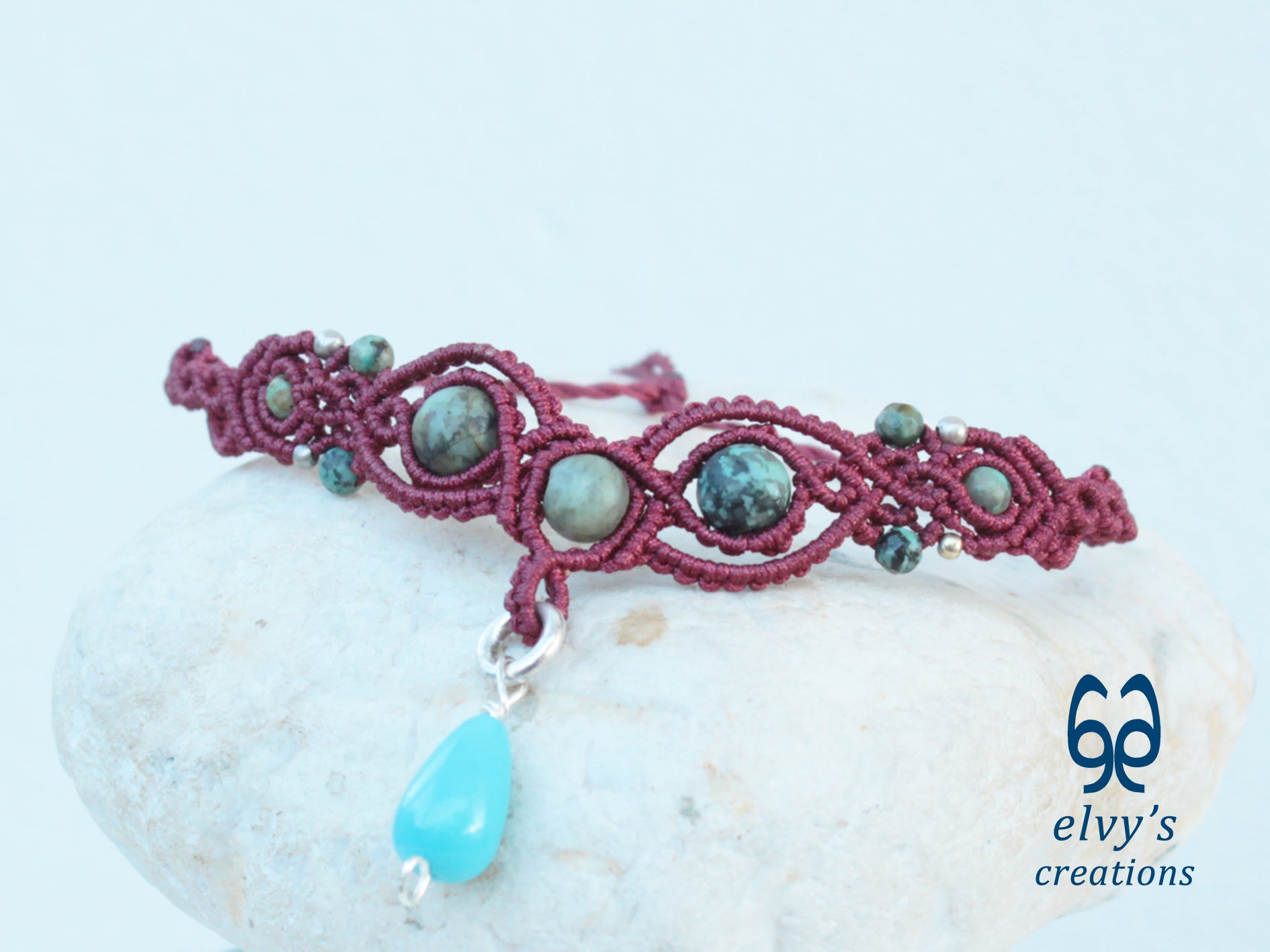 Handmade Dark Red Macrame Necklace with Turquoise Gemstones Adjustable 