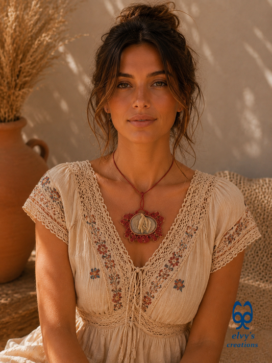 Handmade Bronze and Red Macrame Necklace with Desert Rose Gemstone Boho Gemstone Pendant