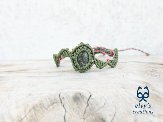 Handmade Green Macrame Bracelet Pink Bracelet with Dragon Blood Gemstone