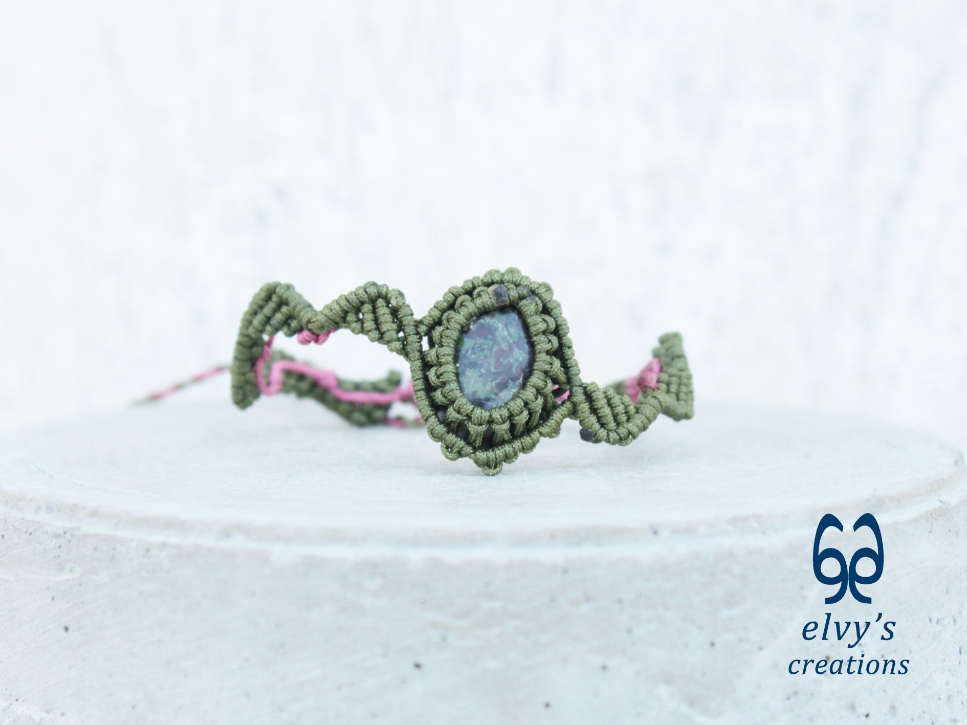 Handmade Green Macrame Bracelet Pink Bracelet with Dragon Blood Gemstone