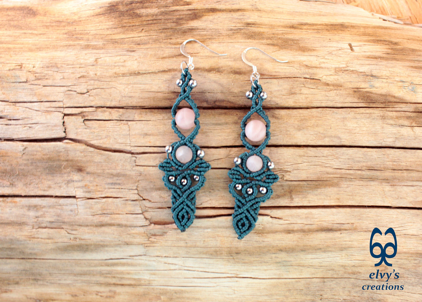 Green Macrame Earrings with Beryl Gemstones Handmade Silver Earrings