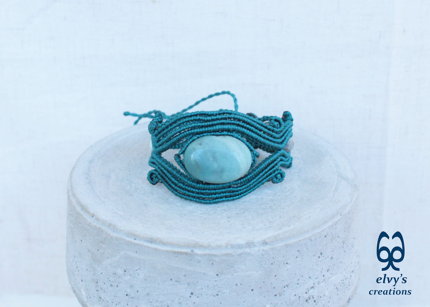 Handmade Green Macrame Bracelet Adjustable Cuff with Blue Amazonite Gemstones