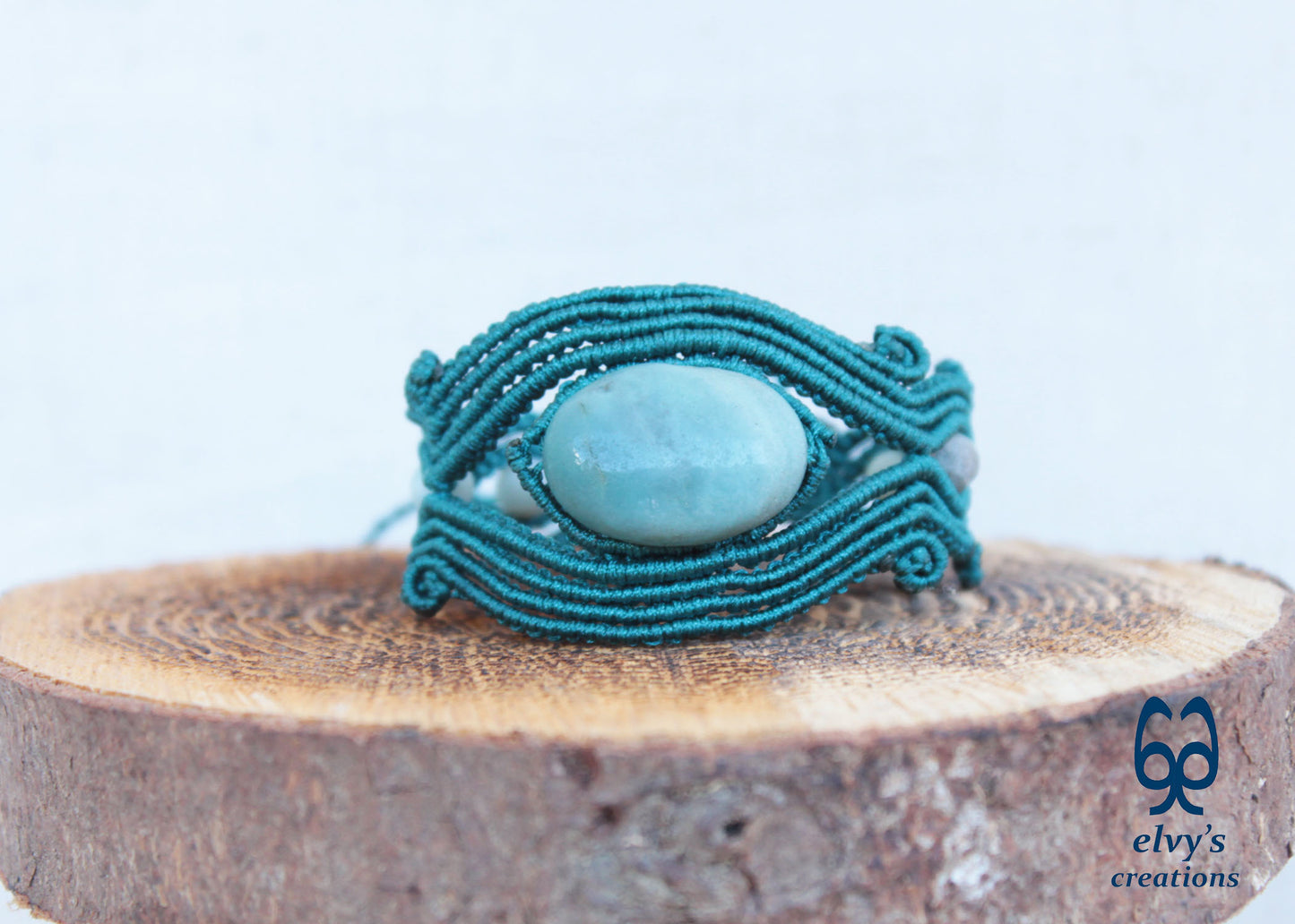 Handmade Green Macrame Bracelet Adjustable Cuff with Blue Amazonite Gemstones