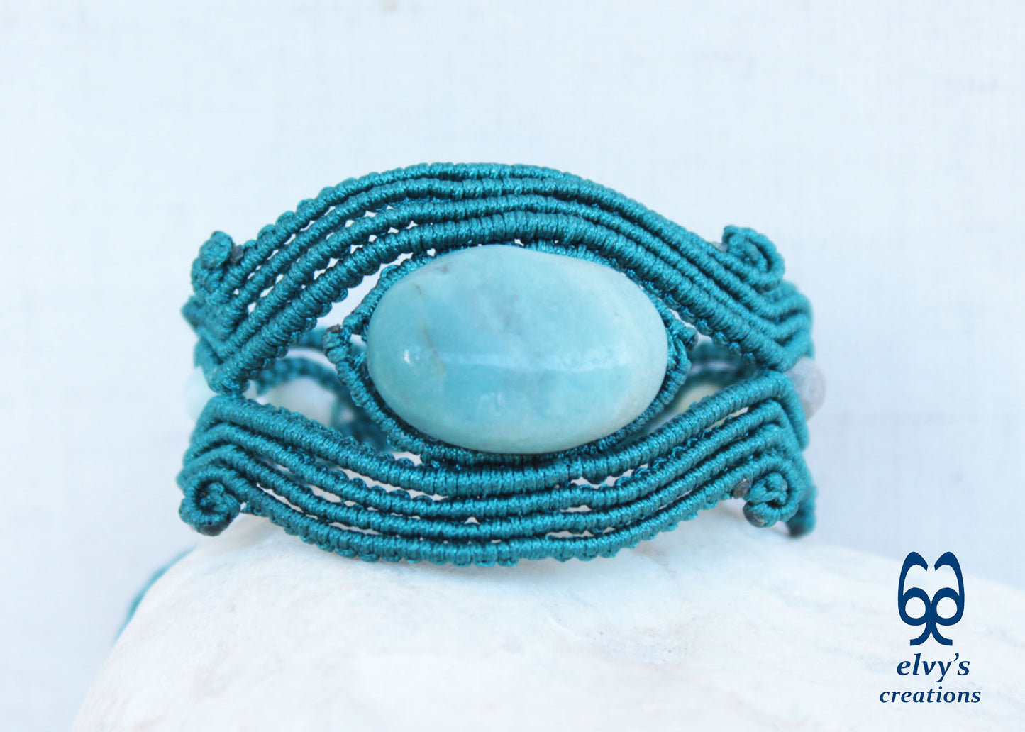 Handmade Green Macrame Bracelet Adjustable Cuff with Blue Amazonite Gemstones