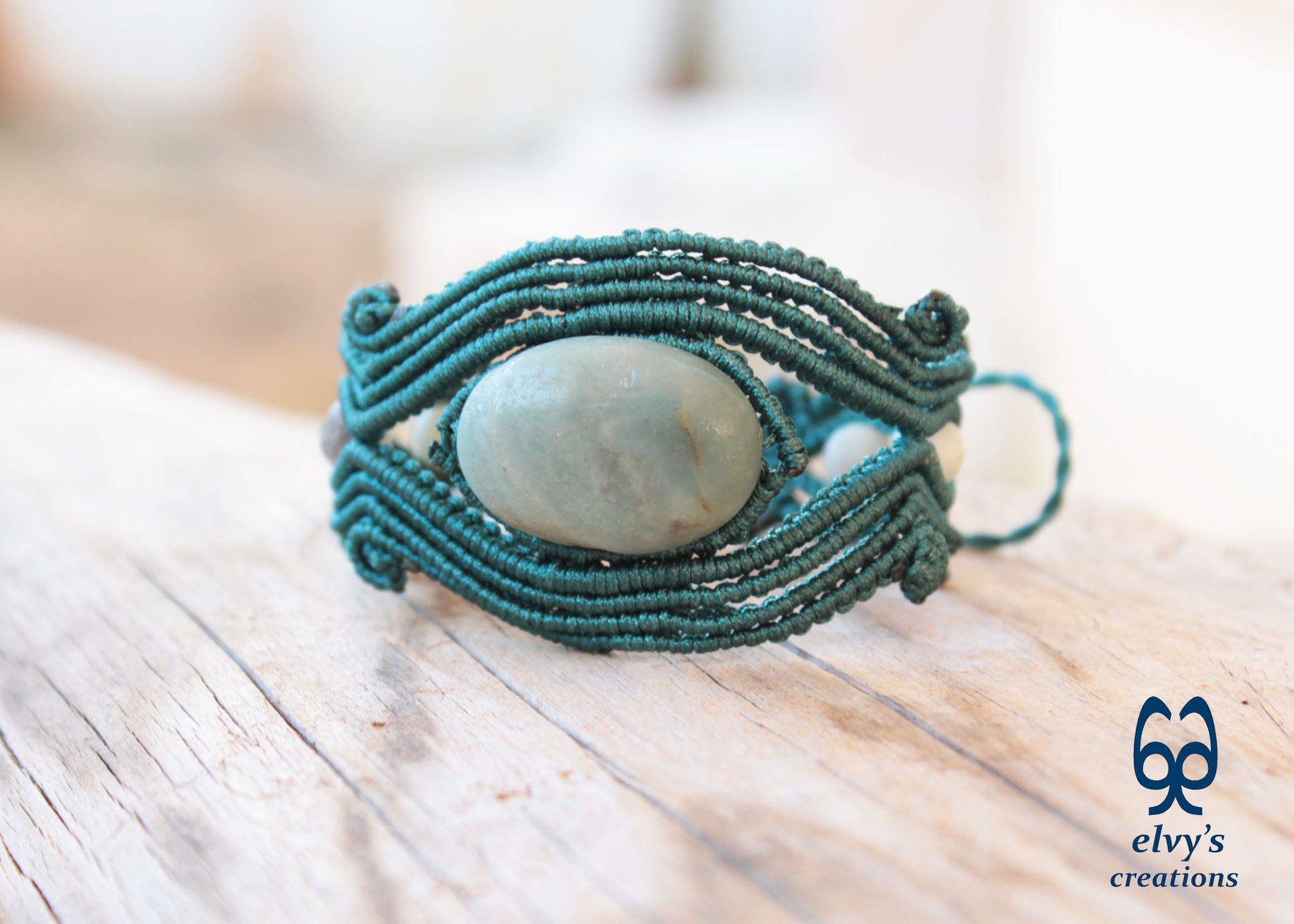 Handmade Green Macrame Bracelet Adjustable Cuff with Blue Amazonite Gemstones