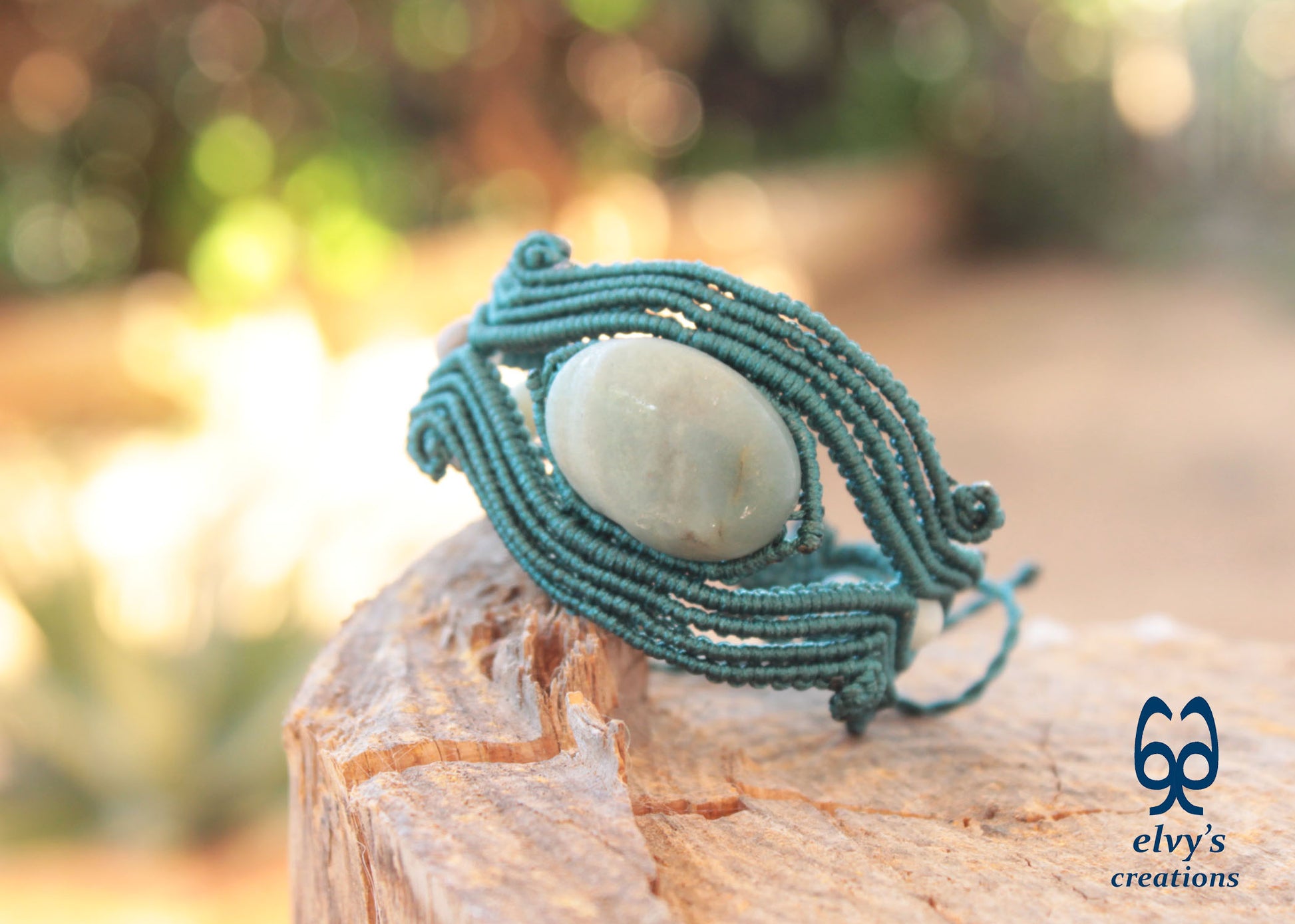 Handmade Green Macrame Bracelet Adjustable Cuff with Blue Amazonite Gemstones