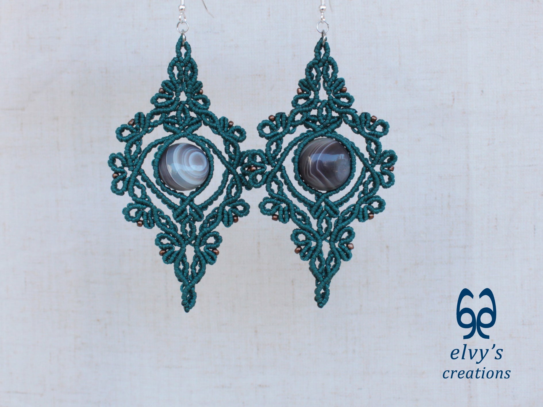 Handmade Green Macrame Earrings with Agate Gemstones Macrame Jewelry