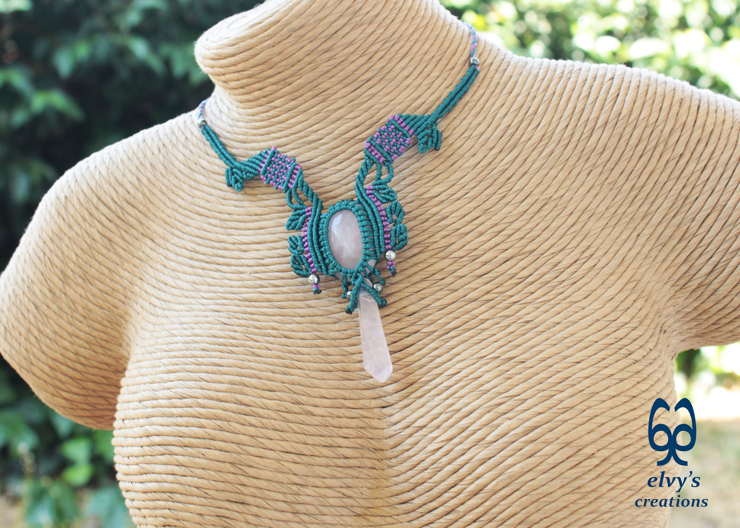 Green Macrame Necklace Choker with Rose Crystal Quartz Purple Boho Necklace